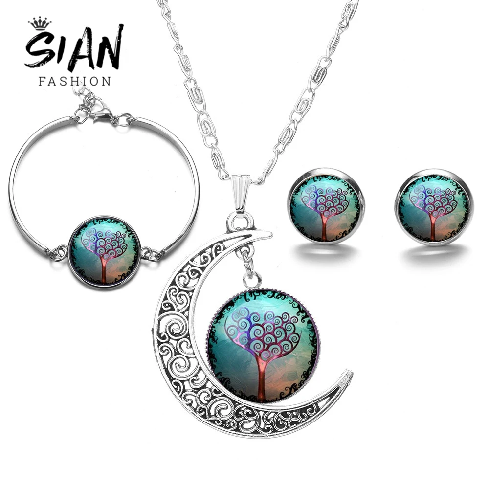 

SIAN Fashion Tree of Life Jewelry Sets Silver Plated Wisdom Life Tree Necklace Earrings Bracelet Art Glass Jewellery Handicrafts