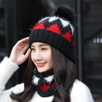

Winter Women Knitted Hat Warm Hats Women Wool Scarf Mask Hat Caps 2Pcs Set Balaclava Skullies Beanie Girl Ski Hat