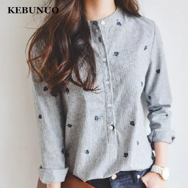 Autumn Leaves Embroidery Long Sleeve Women Blouses And