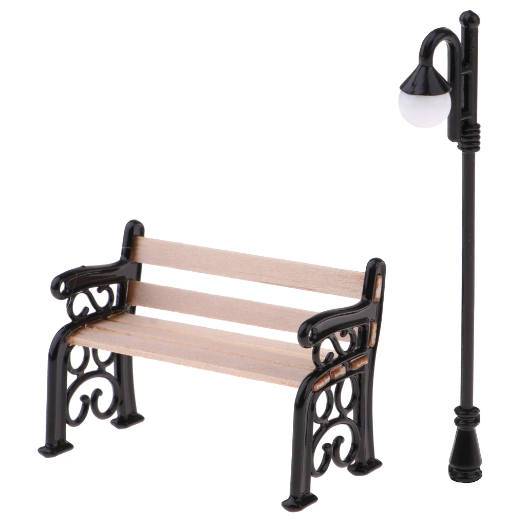 1/12 Dollhouse Garden or Park Furniture Mini Wooden Bench & Street Lamp Kids DIY Decoration