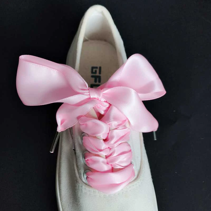 1 Pair Shoelaces Wide 3 cm Thin Polyester Imitation Satin Metal Head Laces Double Sided Canvas Shoes Lace Black White Khaki Pink