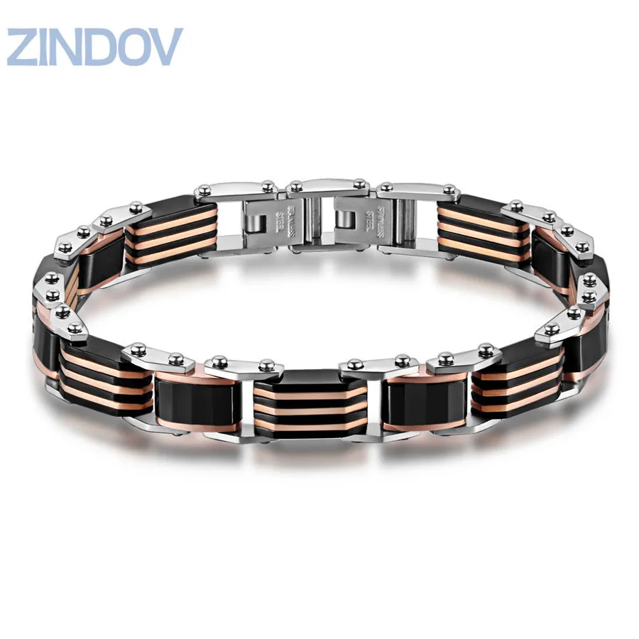

ZINDOV Wristband Mens Rose Gold Bracelet Stainless Steel Black Ceramic Chain Bracelet Male Fine Jewelry Accessory Father's Gifts