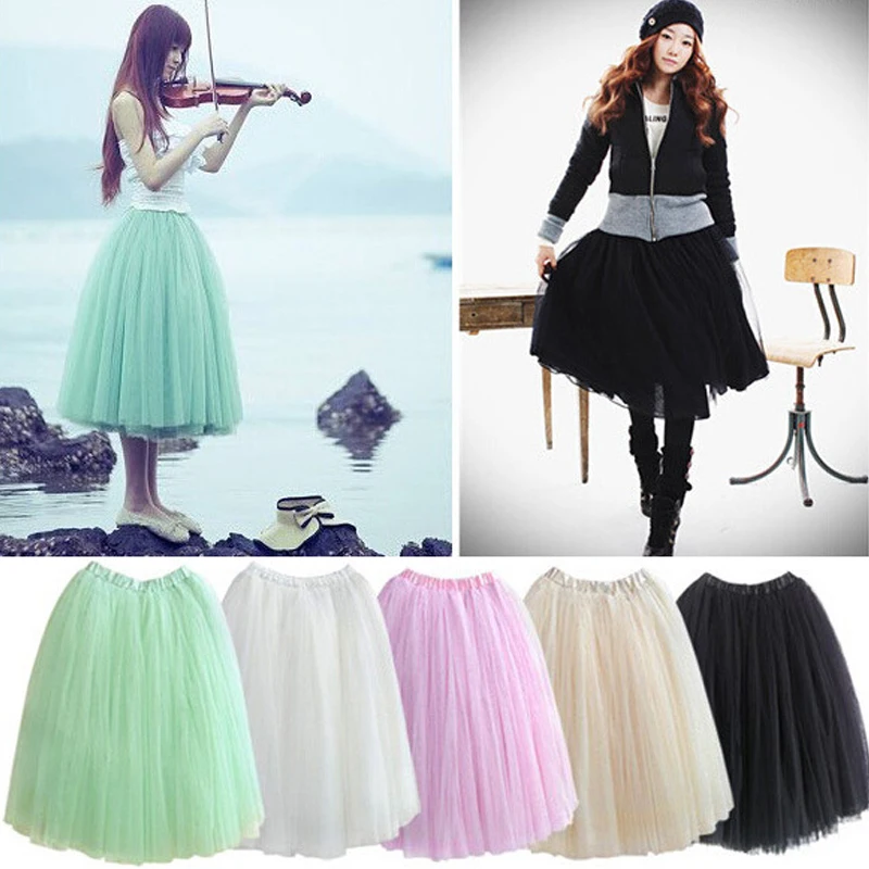 

5 Layers Midi Tulle Skirt for Girls Fashion Tutu Skirts Women Solid Lace Ball Gown Party dance Petticoat Lolita faldas saia jupe