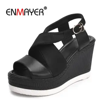 

ENMAYER Genuine Leather Gladiator Zapatos De Mujer Women Shoes High Heel Wedges Shoes for Women Size 34-39 LY1424