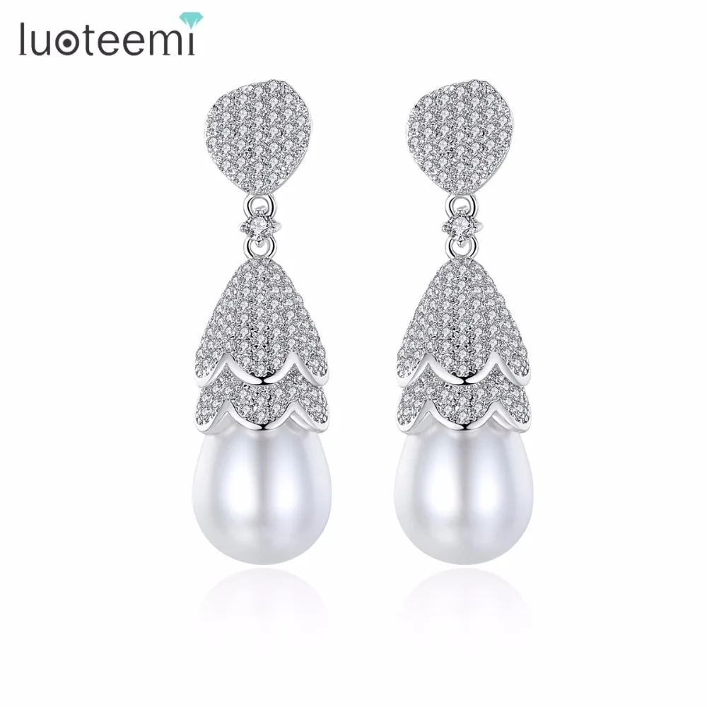 

LUOTEEMI New Luxury Noble Vintage Water Drop Earrings Full Zirconia Sparking Long Imitation Pearl Brincos For Women Wedding Gift
