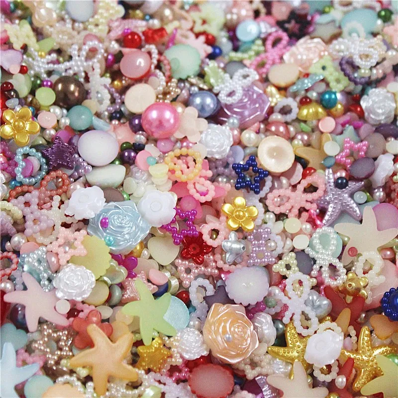 

Mixed Sizes 200pcs Random Half Round Pearls Seastar Bow Rose Rhinestone Flat Back Bead Loose Beads Gem Garment Beads DIY Craft