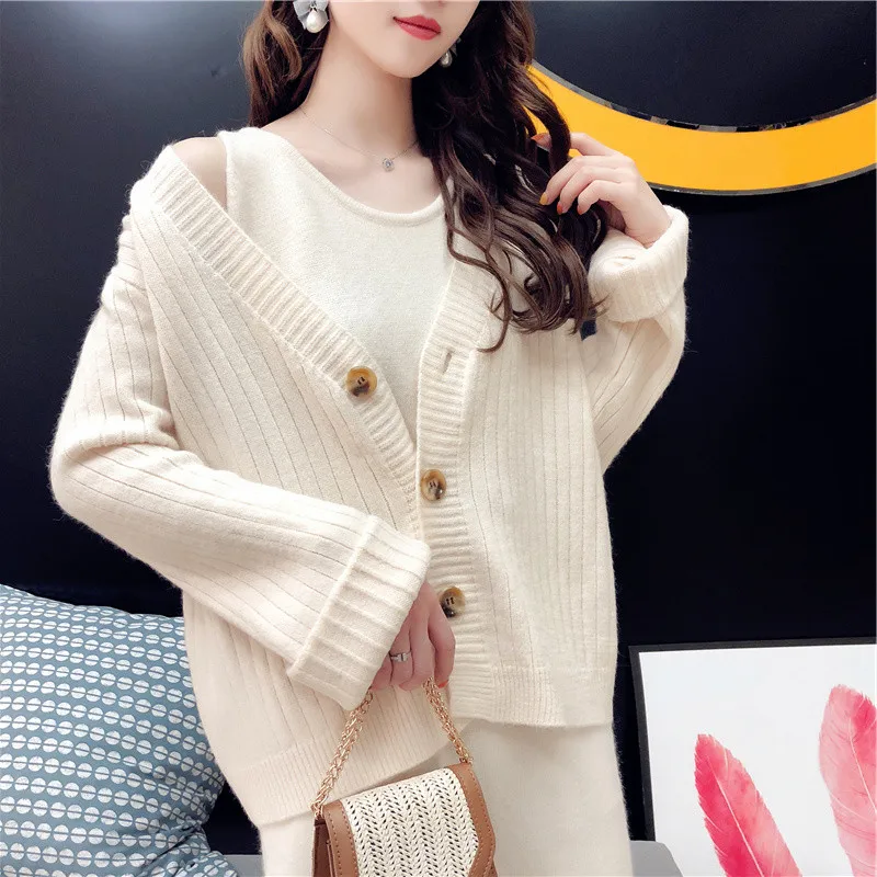 HAMALIEL New Arrival Fall Winter Suits Orange Knitting Single Breasted Loose Cardigan + Sleeveless Midi Split Women Skirt Suits
