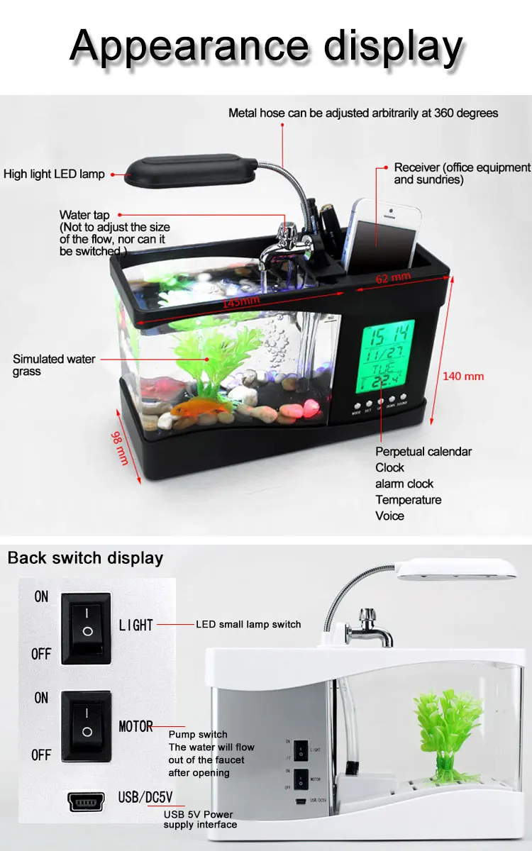 USB настольный мини аквариум черный/белый аквариум с ЖК-дисплей светодиодный экран лампа свет и часы аквариум