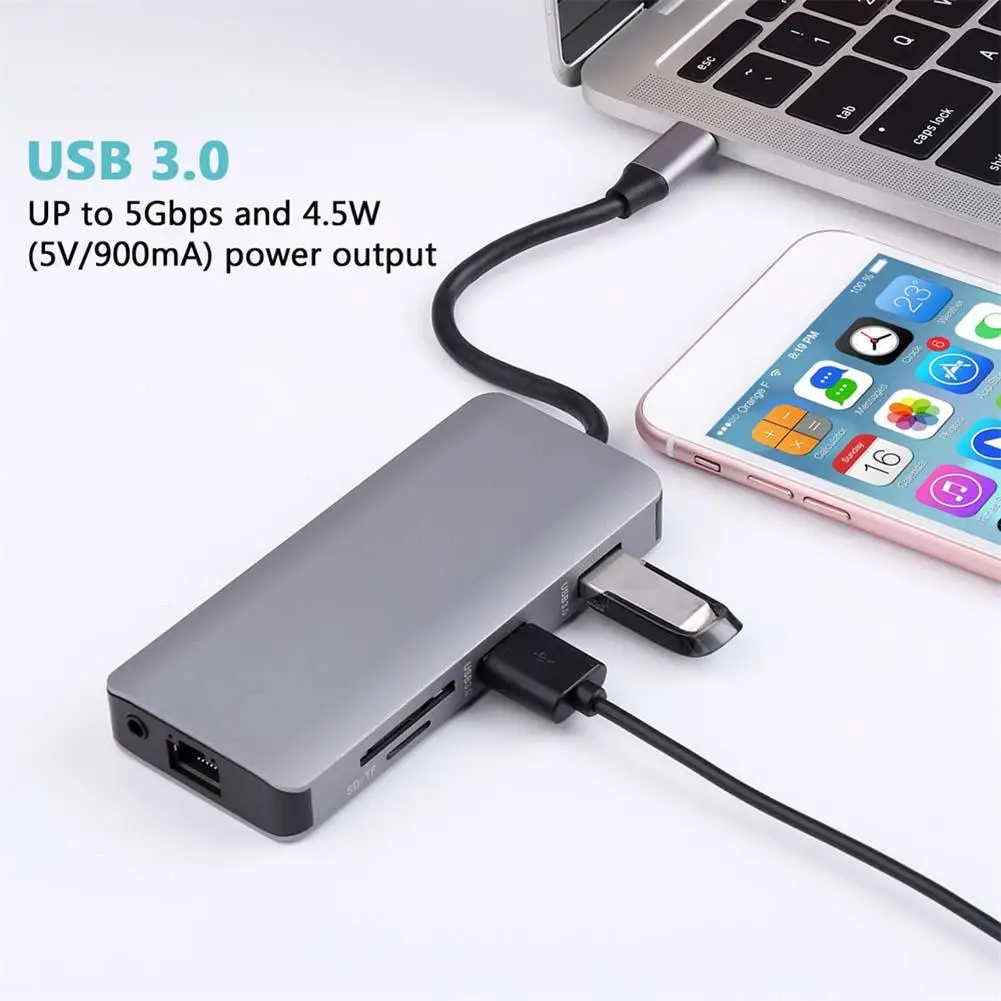 

1000Mbps Multifunction Hub Network Adapter Type C Hub to HDMI+VGA Output USB 3.0 Ports SD Card Reader Audio Port with PD Charger