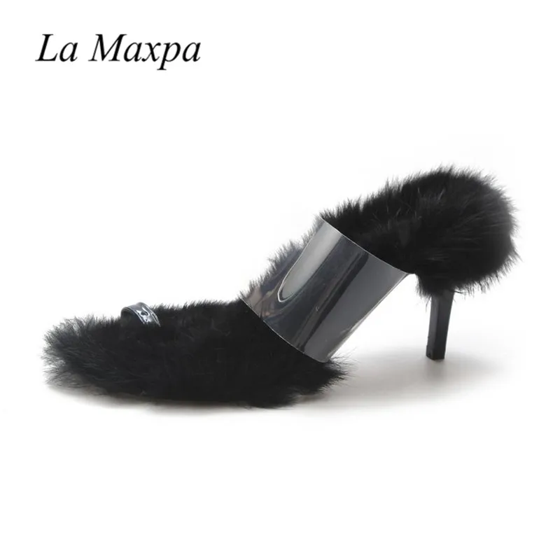 La MaxPa/осенне-весенние тапочки ПВХ с кроличьим мехом; флисовая прозрачная обувь с открытым носком на высоком каблуке-шпильке; модная обувь - Цвет: black