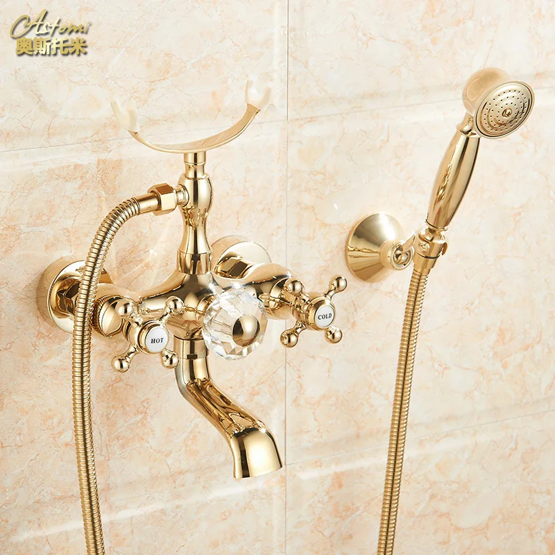 

Bathroom Golden Floor Stand Faucet Telephone Type Bath Shower Ceramic Bathroom Accessories Wall Mount Mixer Taps