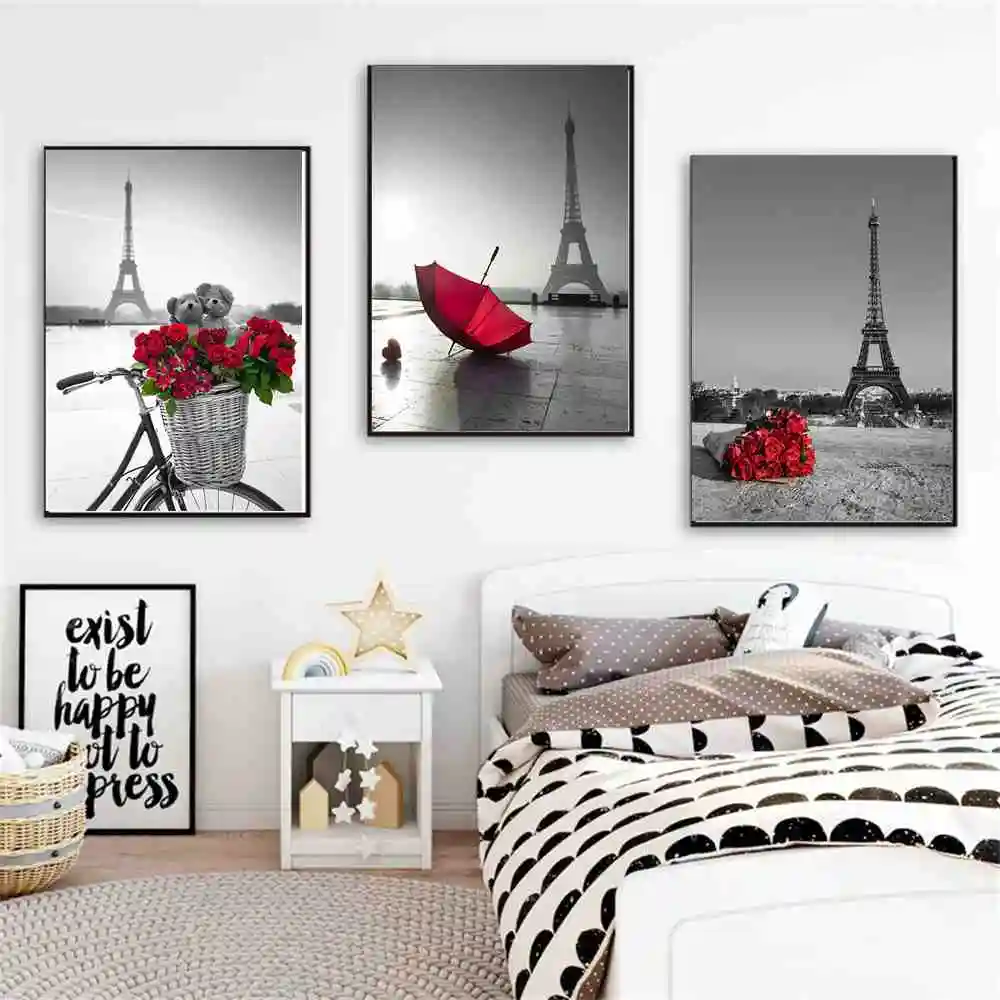 Черно-белая Парижская башня, настенная Художественная Картина на холсте, красный зонтик, роза, картина для столовой, Настенный декор, романтический плакат, Прямая поставка