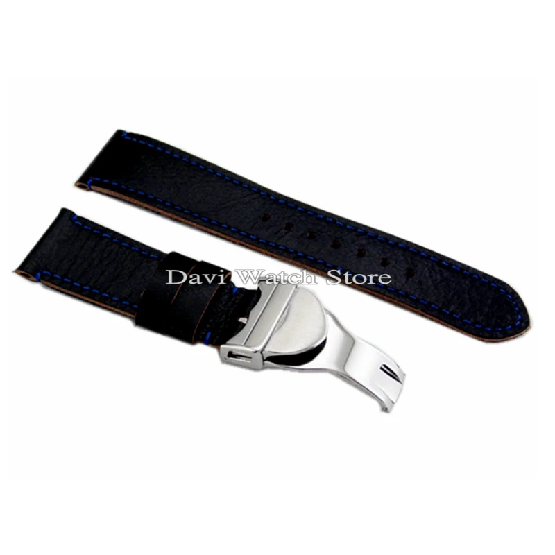 22mm black Leather Strap 316L Deployment Buckle watch Bands