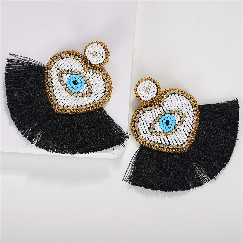 Ethnic Beaded Heart Eye shape Tassel Statement Earrings Jewelry Bohemian Vintage Chic Birthday Gift Drop Earring for Women