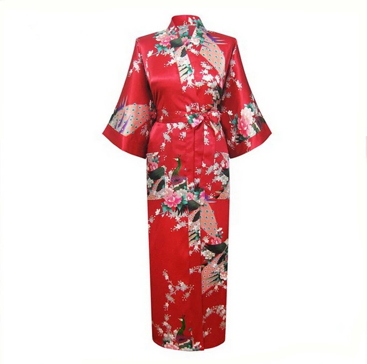 Черные женские кимоно халат невесты свадебное Лето Ночная рубашка шелковый атлас Плюс размеры рубашки RB012 - Цвет: Long Red
