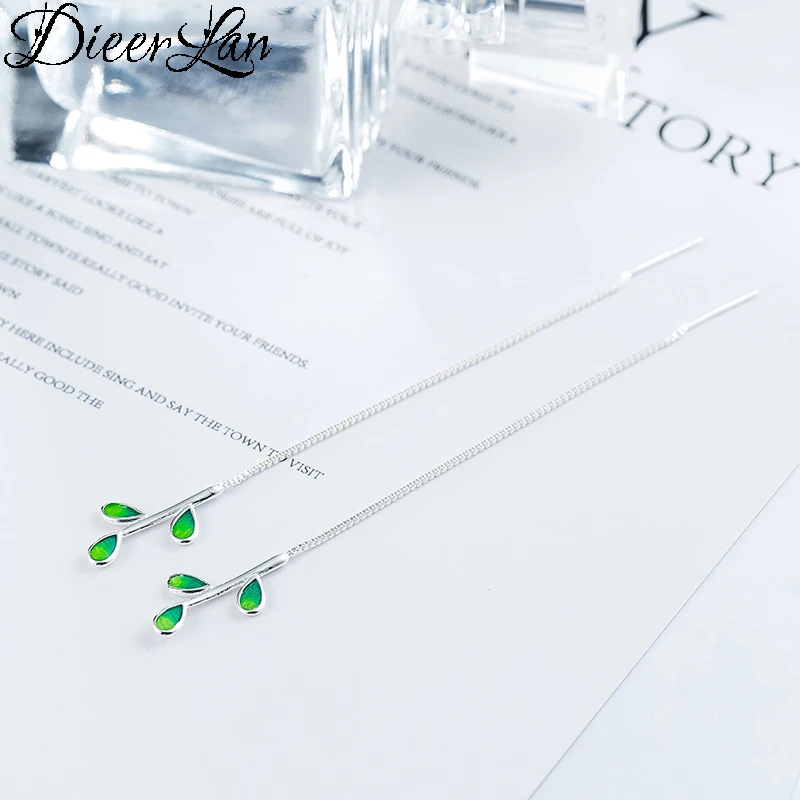 

DIEERLAN Fashion 925 Sterling Silver Long Green Leaf Drop Earrings for Women Statement Jewelry Brincos Pendientes Bijoux