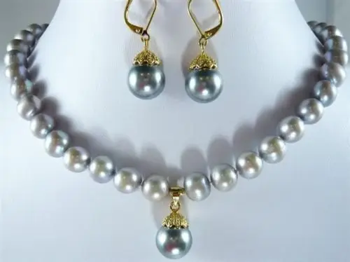 

AA 7-8mm Grey Pearl Necklace Shell Pearl Earring Set AAA style Fine Noble real Natural free shipping