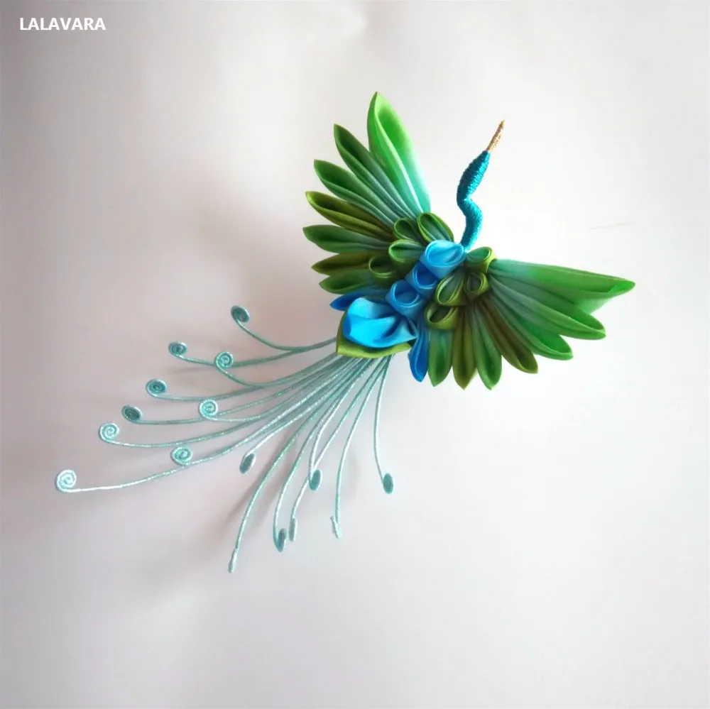 LALAVARA Заказные азиатские традиционные аксессуары для волос tsuami Kanzashi Шелковый Павлин шпилька для волос большой счастливый птица чародей