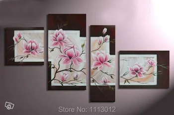 

Hot Sale 100% Hand Painted Pink Flowers Oil Painting On Canvas 4 Pcs Sets Abstract Home Modern Wall Art Decor For Living Room