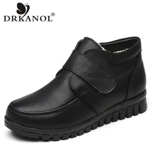 DRKANOL Fashion Genuine Leather Round Toe Women Snow Boots Winter Flat Ankle Boots Women Cotton Shoes Plush Warm Botte Femme