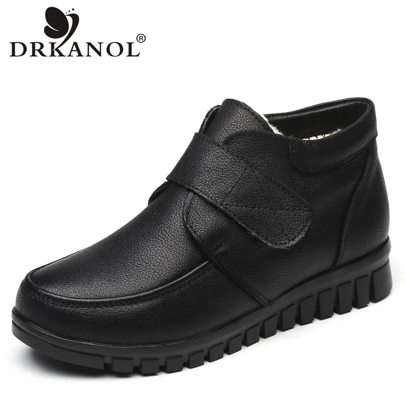 

DRKANOL Fashion Genuine Leather Round Toe Women Snow Boots Winter Flat Ankle Boots Women Cotton Shoes Plush Warm Botte Femme