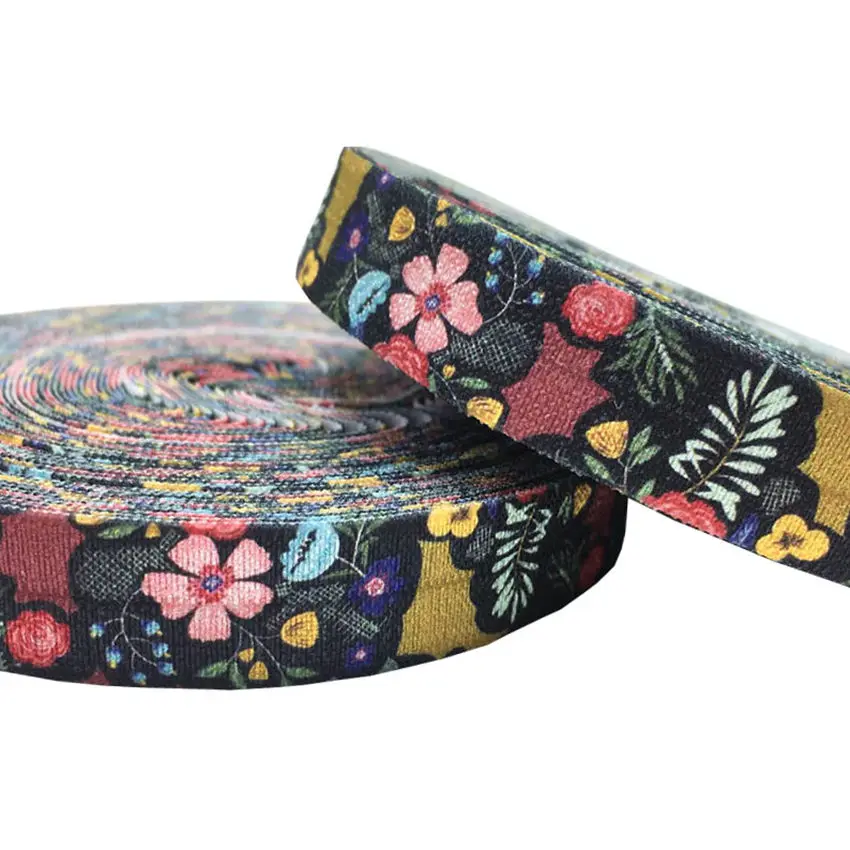 

10y 15mm Flowers Printed Fold Over Elastic DIY Head Wear FOE Ribbon for Girls Bracelet Sewing Decoration Accessoise