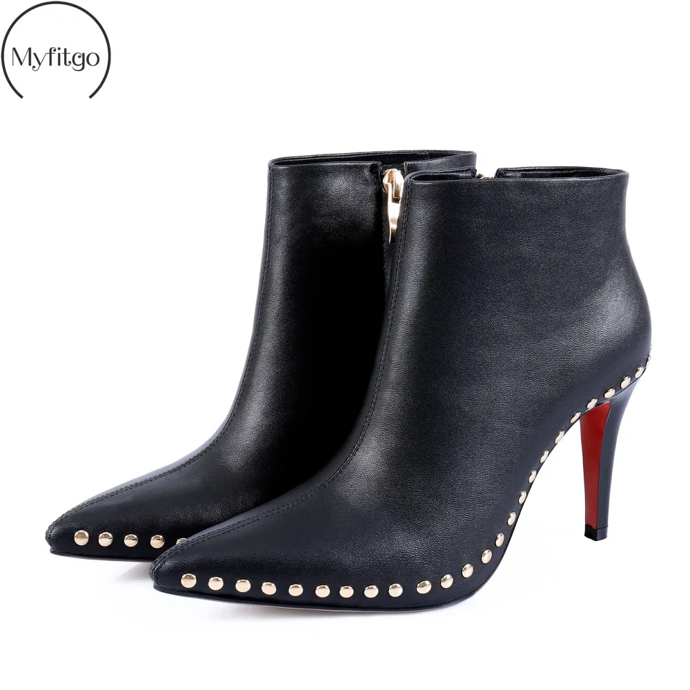 

Myfitgo Women Boots Zipper Rivet Ankle Boots Female Shoes Pointed Toe 8.5CM Stiletto Thin Heels Boots Winter Shoes Woman Fashion