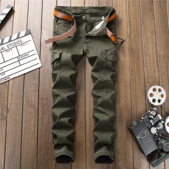 

2019 Newly Fashion Men Jeans Slim Fit Elastic Pencil Pants Army Green Color Cotton Multi Pockets Zippers Jeans Men Skinny Jeans
