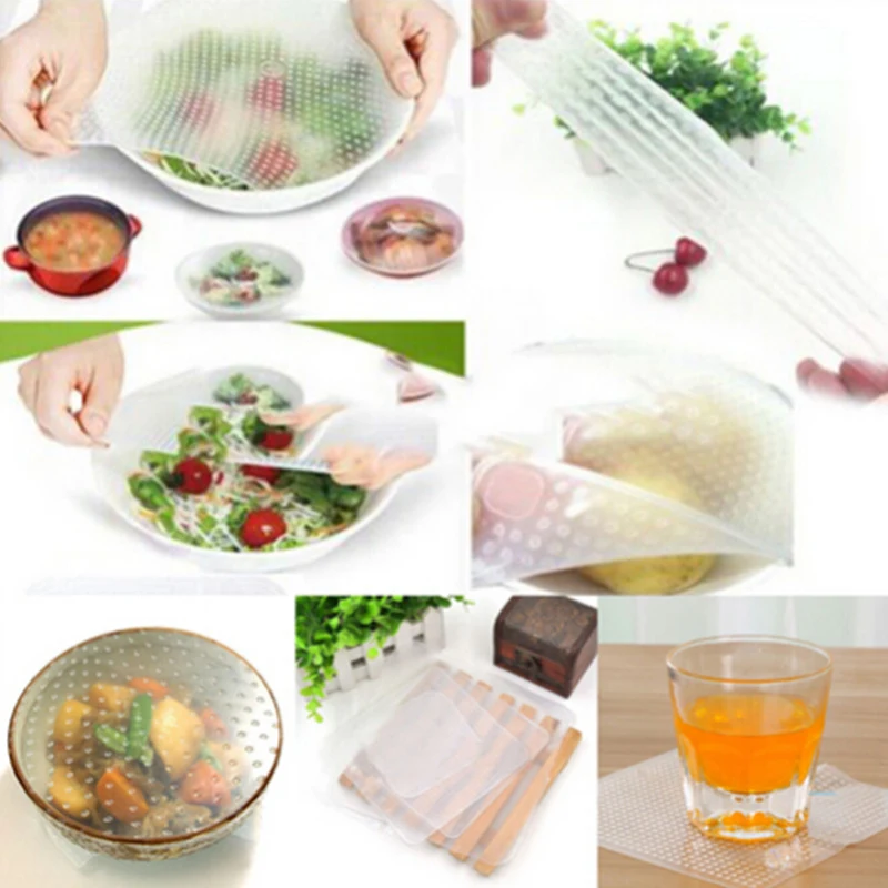 4pcs Clear Reusable Silicone Food Wraps Seal Cover Stretch