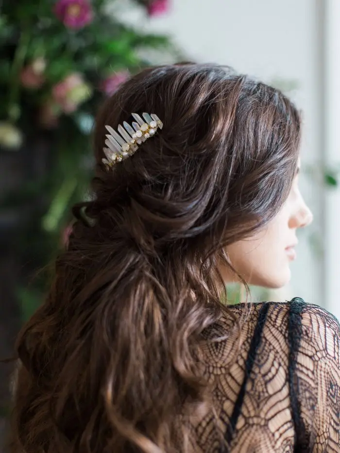 

Iridescent Raw Quartz Wedding Comb with Opals and Pearls 2019 Spring Summer New Trends Forecast