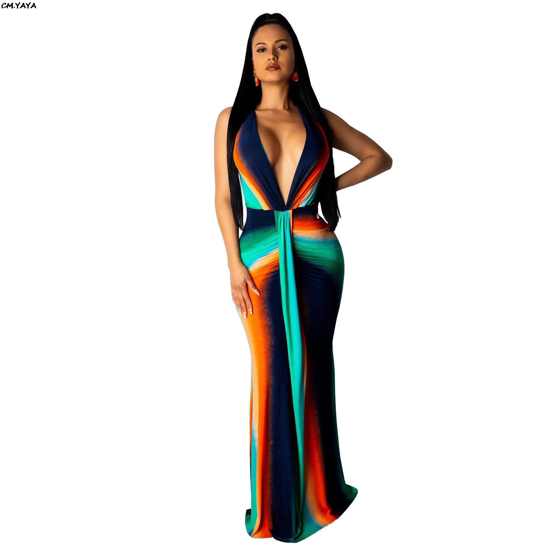 

2019 new women stripes tie dyed print deep v-neck tie up high wasit mermaid maxi dress party club long dresses 2 color SMR9200