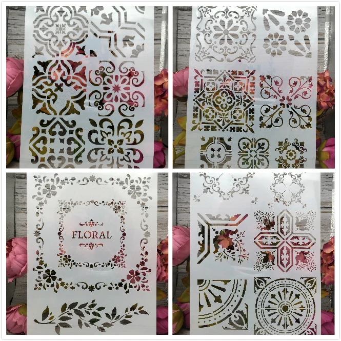 

4Pcs/Lot A4 Frame Square Floral DIY Layering Stencils Painting Scrapbook Coloring Embossing Album Decorative Card Template