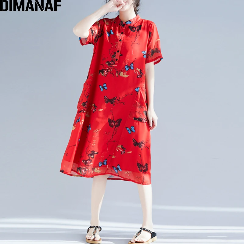 

DIMANAF Plus Size Women Beach Dress Sundress Summer Female Elegant Lady Vestidos Print Shirt Dress Loose Casual Big Size 2019