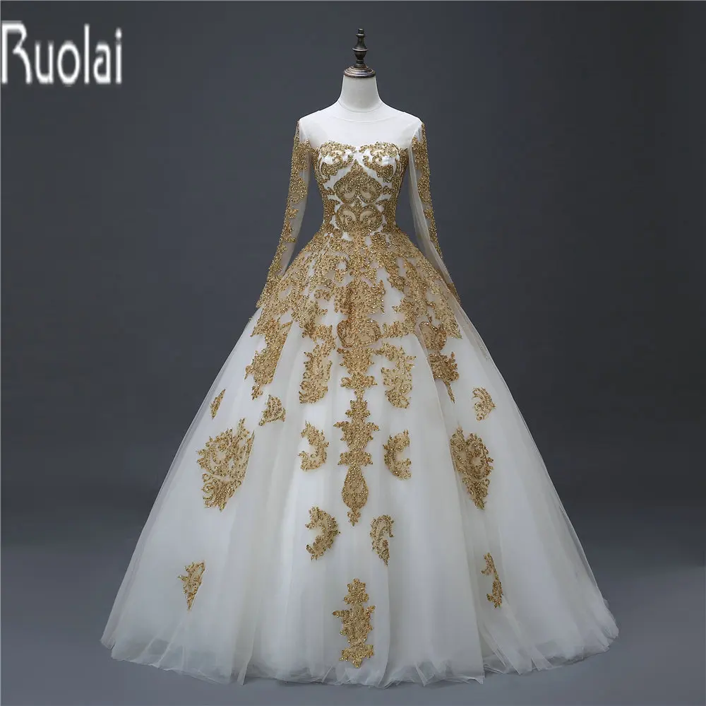 Online Get Cheap Gold Wedding Dresses -Aliexpress.com Alibaba Group 2017 Real Sample New Gold Lace Applique Beading Long Sleeves Tulle Scoop Zipper Back Wedding Dresses - Online Get Cheap Gold Wedding Dresses -Aliexpress.com Alibaba Group