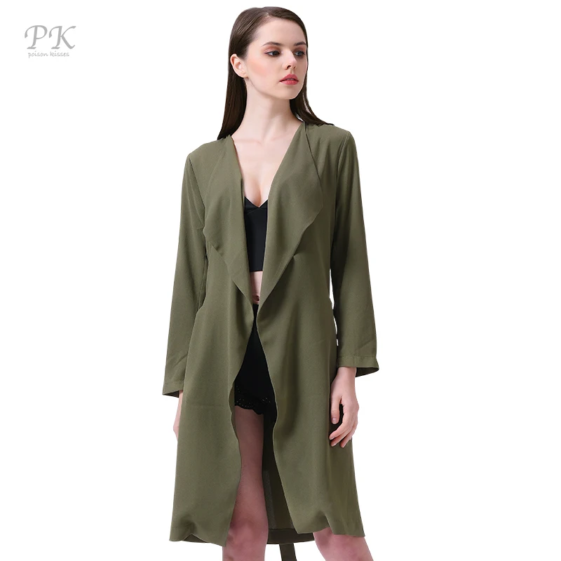 PK overcoat green spring coat women british style long coat belt