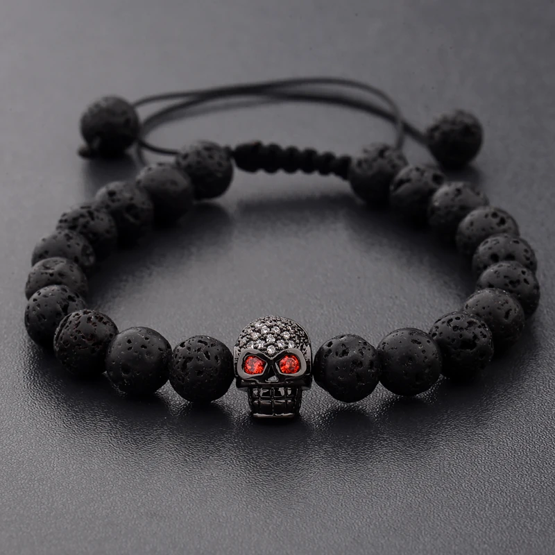 DOUVEI New White CZ Skeleton Black Natural Lava Stone Beads Bracelet 3 Colors Men Rope Chain Bracelet Homme For Women ABL001