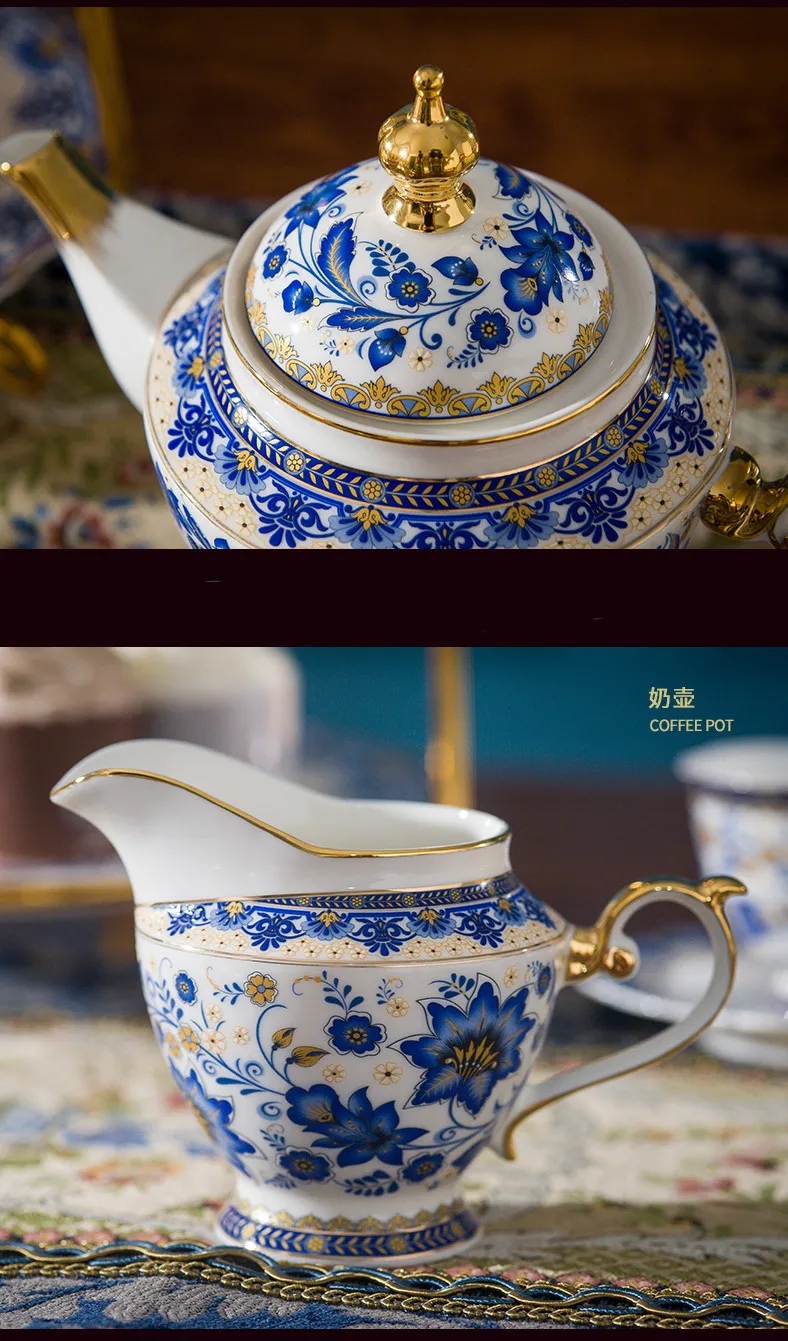Эмаль костяного фарфора керамическая посуда синяя и белая чашка для кофе кружка с молочным чайником ложка для блюдца Позолоченный Комплект полок набор