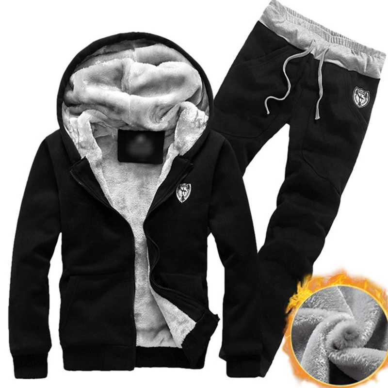 

LAAMEI Tracksuit Casual Hooded Warm Hoodie Men Winter Sportswear Thicken Inner Fleece 2PC Pant Men Jacket+Pants Sweatshirts