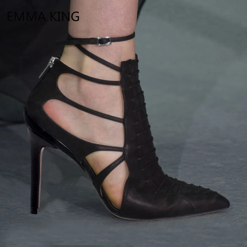 

New Black Pumps Word Buckle High Heels Women Shoes Roman Pointed Toe Stiletto Heels Cross-Tied Sexy Hollow Zip Ladies Sandals