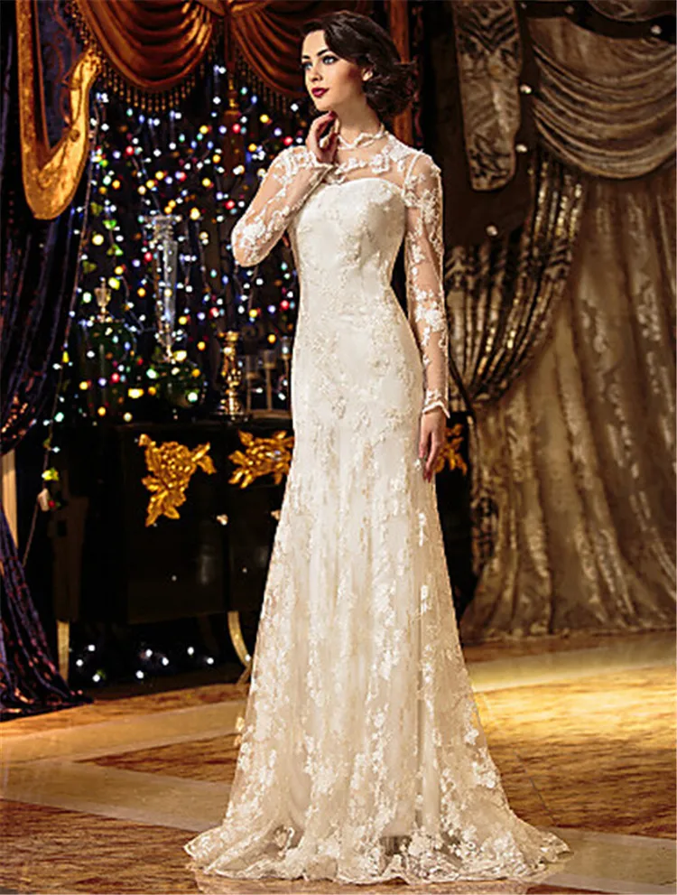 2017 Vintage Ivory Lace Wedding Dresses On Long Sleeves High 2017 Vintage Ivory Lace Wedding Dresses On Long Sleeves High Neck Dress Bride Floor Length Gowns Robe De Mariage In From