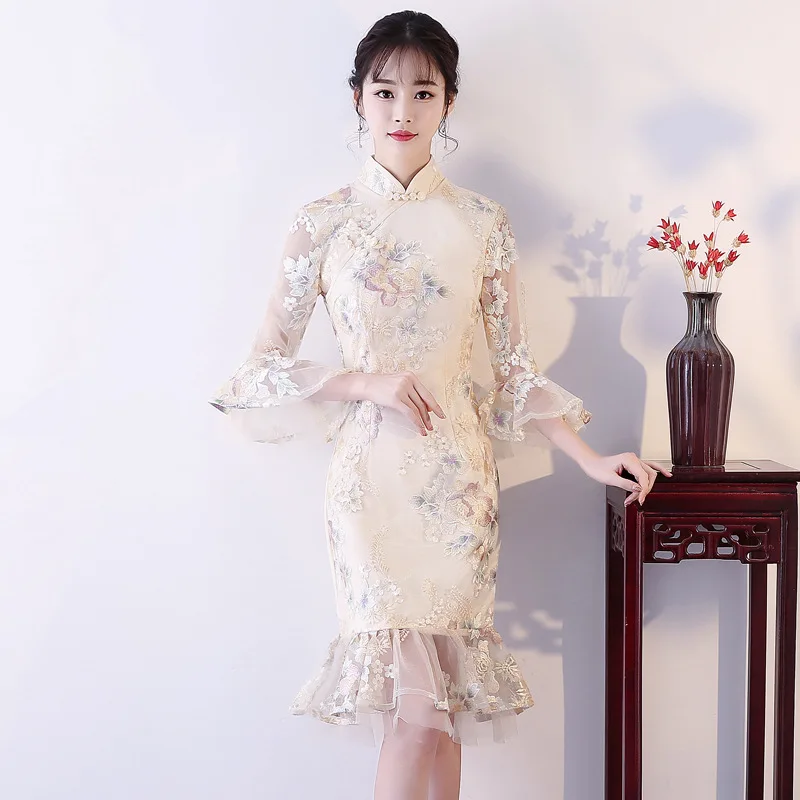 Винтажные китайские женские кружевные цветочные Qipao элегантные свадебные платья с воротником-стойкой Классические Вечерние Платья