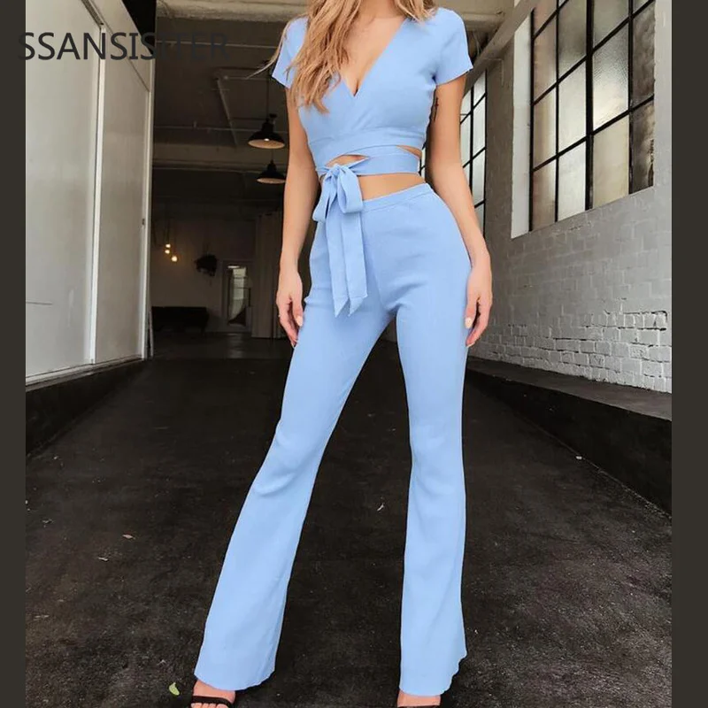 

Women Sexy Crop Top + Loose Long Pants 2PCS Set Ladies Outfits V-neck Short Sleeve T-shirt Women Summer Costume Suits