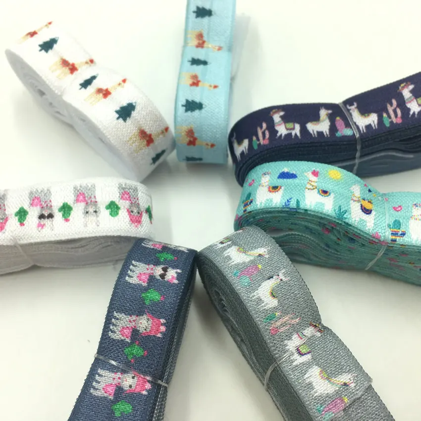 

7 Mix Color 16mm Animal Llama Cat Cactus Moon Printed Fold Over Elastic Ribbon Hair Tie Pontail Headband Party Decoration 14Y