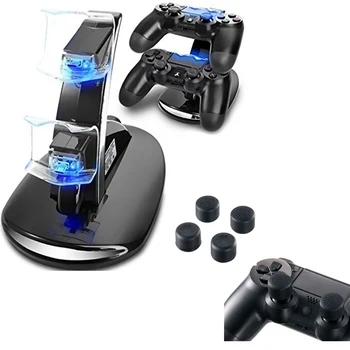 

Dual Controller Blue LED Light Charger Dock Station+8 enhanced Thumb Grips Cover Cap Skin For Sony PlayStation 4 PS4 Pro Slim