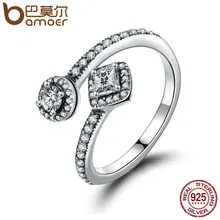 BAMOER 100% 925 Sterling Silver Round & Square Deslumbrante CZ Anillo de Dedo Abierto para Las Mujeres Wedding Engagement Joyería Anel PA7626