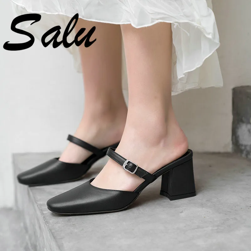 

Salu Women Sandals Brand Design Quality Cow Leather Square Heeled Casual Shoes Woman Shallow Retro Basic Sandals