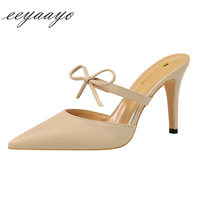 

2019 New Summer Women Mules Slippers High Thin Heel Pointed Toe Solid Butterfly-Knot Sweet Fashion Women Shoes Outside Slippers