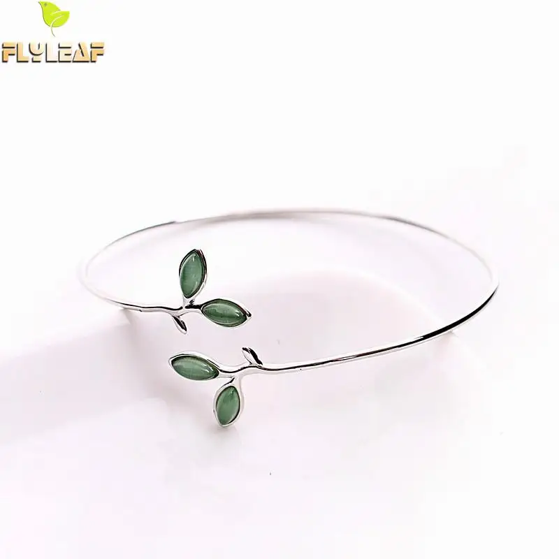 

Flyleaf 100% 925 Sterling Silver Sprout Leaves Natural Stone Opal Open Bangles For Women Simple Fashion Party Jewelry
