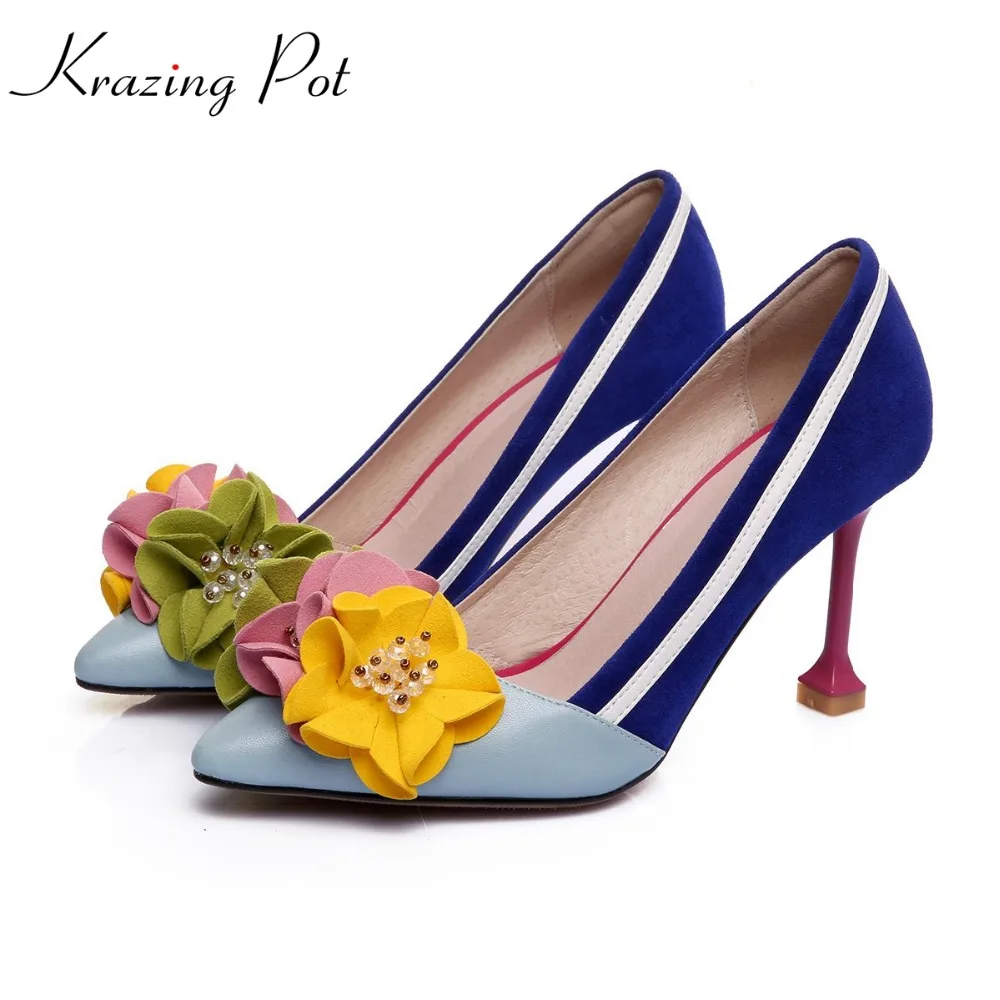 

KRAZING POT 2019 genuine leather strange style high heels shallow flower luxury women pumps pointed toe wedding spring shoes L85