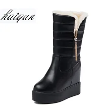 Г. новые красные ботинки на меху обувь с круглым носком, увеличивающая рост Женские повседневные зимние сапоги до середины икры женские ботинки размер 35-40